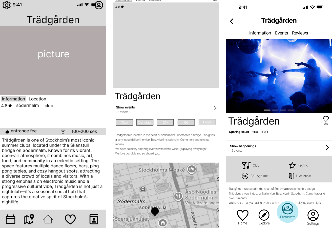 Three iterations of the Trädgården host profile page, from wireframe to finished design