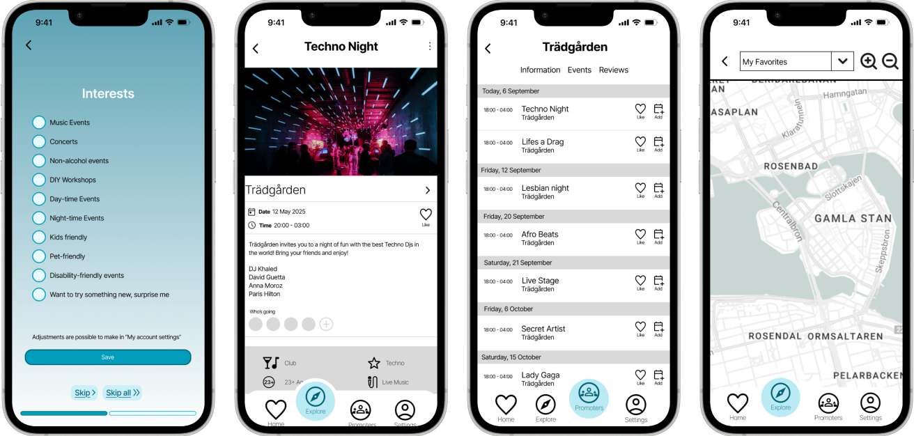 Final key screens: onboarding interests, event detail, host profile, and map view